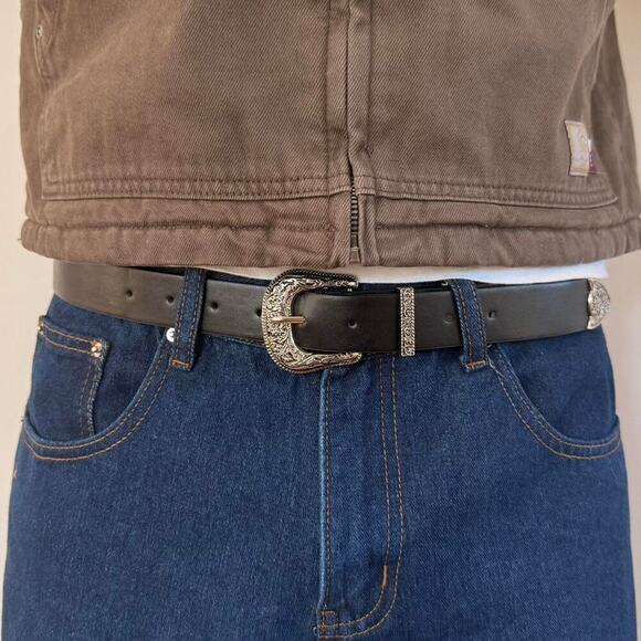 Y2K Black Silver Western Belt – Vintage Style, Fits 26–34, Unisex, Brand New - Picture 1 of 4